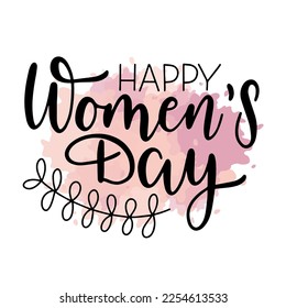 Happy Women's day brush pen lettering. Greeting card template for 8 march. Black hand drawn calligraphy quote on white background with paint imitation splash. Vector illustration.