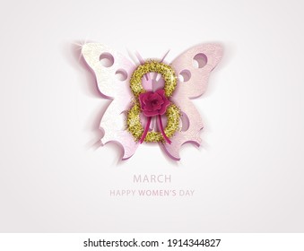 Happy womens day. Butterfly and shape number eight gold glitter. Vector illustration for greeting card, postcard, flyer, banner design. Delicate pastel colors. All objects are isolated