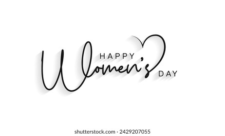 Happy Womens Day Calligraphic Typography Text connect with heart shape on white background. Woman Day Logo, Emblem, Greeting Card, Cover, Banner. Vector Template