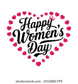 Happy Women's Day Calligraphic Typography Text connect with heart shape on white background.