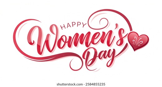 Happy Womens Day Calligraphic Typography Text connect with heart shape on white background. Woman Day Logo, Emblem, Greeting Card, Cover, Banner. Vector Template  illustration on white background