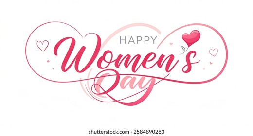 Happy Womens Day Calligraphic Typography Text connect with heart shape on white background. Woman Day Logo, Emblem, Greeting Card, Cover, Banner. Vector Template  illustration on white background