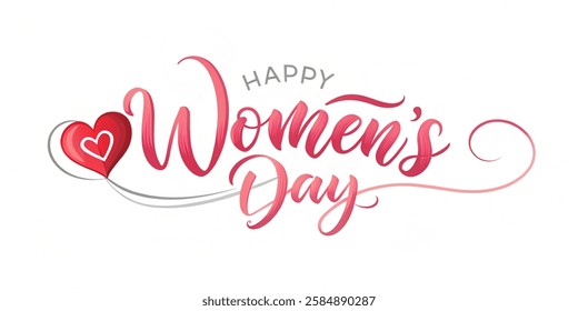 Happy Womens Day Calligraphic Typography Text connect with heart shape on white background. Woman Day Logo, Emblem, Greeting Card, Cover, Banner. Vector Template  illustration on white background