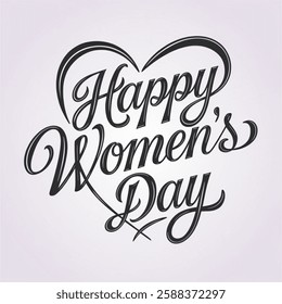 Happy Womens Day Calligraphic Typography Text connect with heart shape on white background.Vector illustration  Woman Day Logo, Emblem, Greeting Card, Cover, Banner etc.