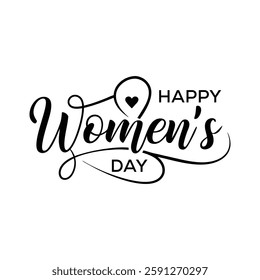 Happy Women's Day Calligraphic Typography Text connects with a heart shape on a white background. Woman's Day Logo, Emblem, Greeting Card, Cover, Banner. Vector Template