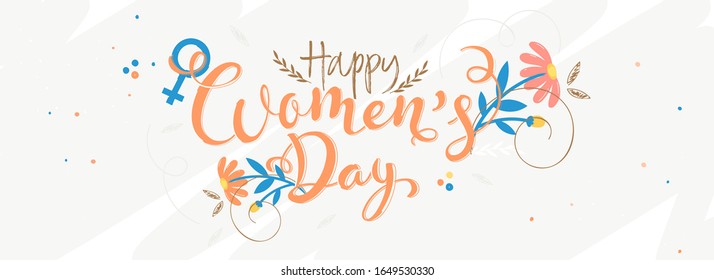 Happy Women's Day Calligraphy with Female Gender Sign and Flowers on White Background.