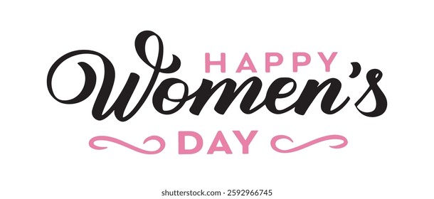 Happy Women's Day Calligraphy with Pink Accents, Black Script Text on White Background


