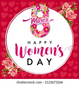 Happy Womens Day calligraphy and rose flowers banner. International womens day 8 March elegant lettering on hearts pattern background