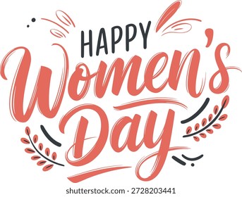 Happy Women's Day calligraphy set with floral wreaths and hearts