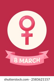 Happy Women's Day Card with Women's Badge Icon. Simple cute greeting card in pink tones. Vector illustration.