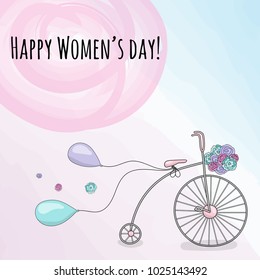 Happy women's day card with cute retro bike and watercolor background