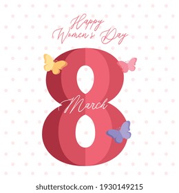 happy women's day card with eight number between butterflies. vector illustration