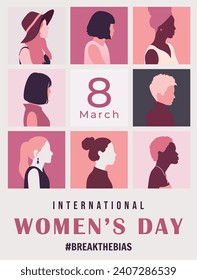 Happy women's day card with eight women of different ethnicities and cultures stand side by side together.