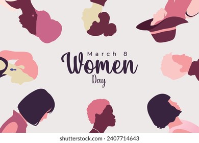 Happy women's day card with eight women of different ethnicities and cultures stand side by side together.