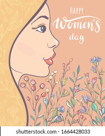 Happy Women's Day. Card with a female face and flowers