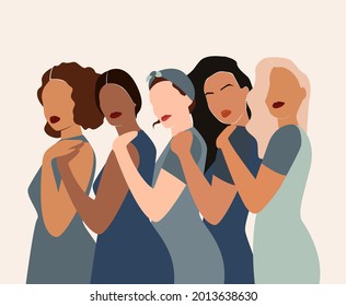 Happy women's day card with Five women of different ethnicities and cultures stand side by side together. Strong and brave girls support each other. Sisterhood and females friendship. Vector