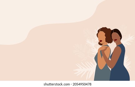 Happy women's day card with Five women of different ethnicities and cultures stand side by side together. Strong and brave girls support each other. Sisterhood and females friendship. Vector