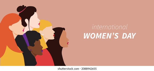 Happy Women's Day card with five different ethnicities women. 8 march holiday composition.