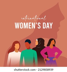 Happy women's day card with Five women of different ethnicities and cultures stand side by side together. Strong and brave girls support each other.