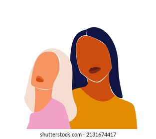 Happy women's day card with Five women of different ethnicities and cultures stand side by side together. Strong and brave girls support each other. Sisterhood and females friendship. Vector