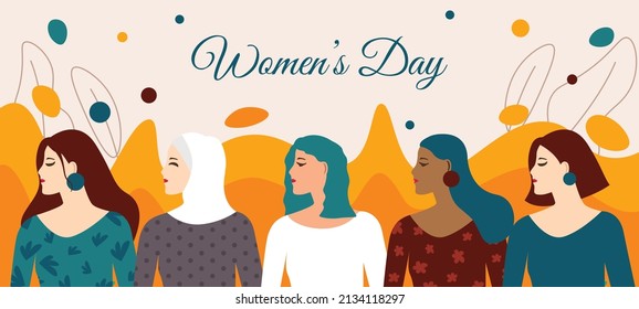 Happy women's day card with Five women of different ethnicities and cultures stand side by side together