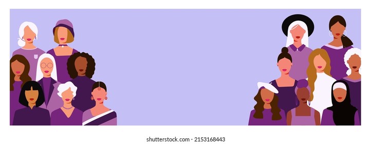 Happy women's day card with Five women of different ethnicities and cultures stand side by side together. Strong and brave girls support each other. Sisterhood and females friendship. Vector
