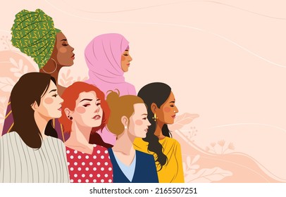 Happy women's day card with Five women of different ethnicities and cultures stand side by side together. Strong and brave girls support each other. Sisterhood and females friendship. Vector