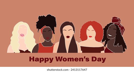 Feliz día de la mujer con cinco mujeres de diferentes etnias y culturas que se mantienen juntas. Muchachas fuertes y valientes se apoyan mutuamente. Ilustración del vector