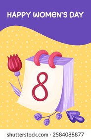 Happy Women's Day Card Flip calendar with number 8. Simple cute greeting card in purple and yellow tones. Vector illustration.