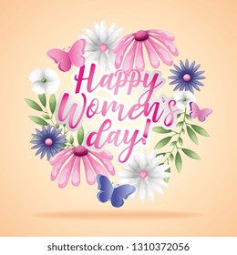 Happy Womens Day card flowers and butterflies vector digital illustration image