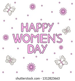 Happy women's day. Card with flowers and butterflies. Vector illustration