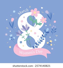 Happy Womens Day card with flowers on a blue background