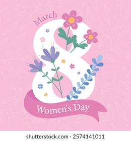 Happy Womens Day card with flowers on a pink background