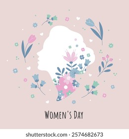 Happy Women's Day card with flowers and a woman's silhouette for March 8 on a light background