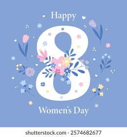 Happy Women's Day card with flowers for March 8 on a blue background