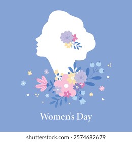 Happy Women's Day card with flowers and a woman's silhouette for March 8 on a blue background