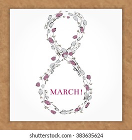 Happy women's day card with flowers and tulips.Vector Illustration. Floral Template for poster, banner, invitation, advertisement, congratulation for 8 March Day. Spring number