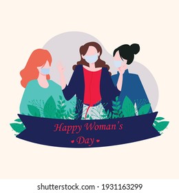 Happy women's day card with Four women of different ethnicities and cultures stand side by side together.