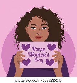 happy womens day card girl curly hair purple hearts image vector illustration