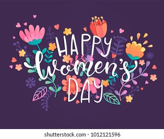 Happy women's day card with handdrawn lettering on violet background with beautiful flowers and leaves. Vector illustration template, banner, flyer, invitation, poster.