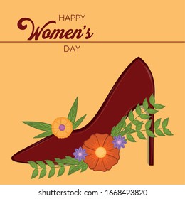 Happy womens day card with a heel shoe and flowers - Vector