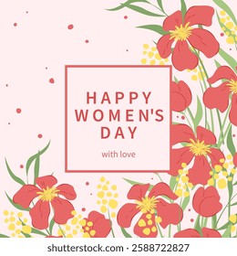 Happy Women's Day card. International Women's Day poster with spring flowers. Floral botanical template holiday banner, cover, ads, branding, flyer. Vector illustration.