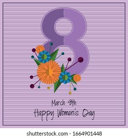 Happy womens day card with a number eight and flowers bouquet - Vector