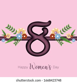 Happy womens day card with a number eight and flowers bouquet - Vector