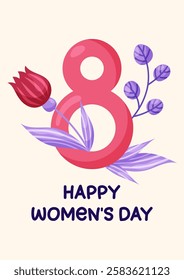 Happy Women's Day Card with number 8 and flowers. Simple cute greeting card in pink and purple tones. Vector illustration.