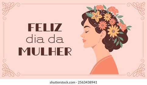 Happy Women's Day Card in Portuguese. Beautiful girl with a wreath of flowers. Illustration