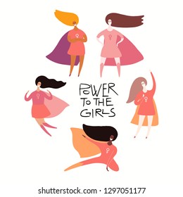 Happy womens day card, poster, banner, with quote and superhero girls. Isolated objects on white background. Hand drawn vector illustration. Flat style design. Concept, element feminism, girl power.