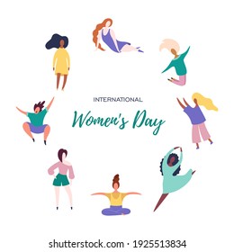 Happy Women's Day card, poster, banner, with quote International Women's Day. Flat design. Feminism concept, girls power. Vector illustration on white isolated background.