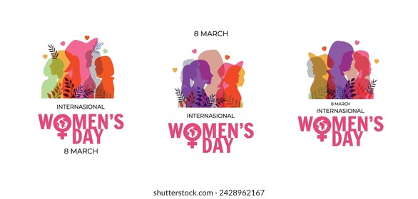 Happy Womens Day card set with silhouette of women. Modern color design.