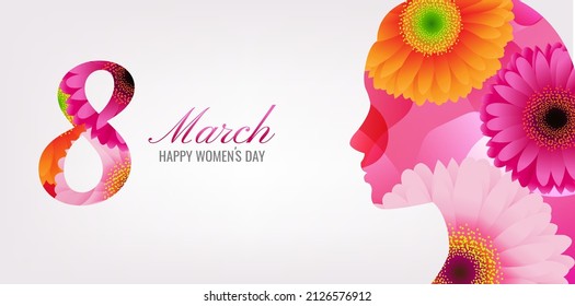 Tarjeta Feliz Día De La Mujer Con Chica De Primavera Con Malla Gradiente, Ilustración Vectorial